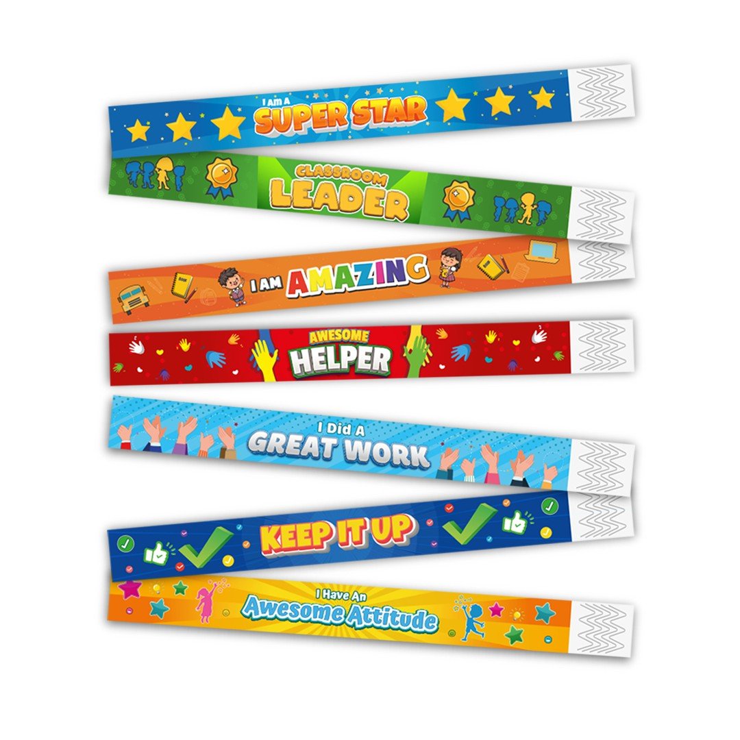 Teachers English Rewards Bracelets: Motivational and Gifts Supplies for Students and Kids - Set of 35 Pcs in 7 Designs - Fun Learning Store