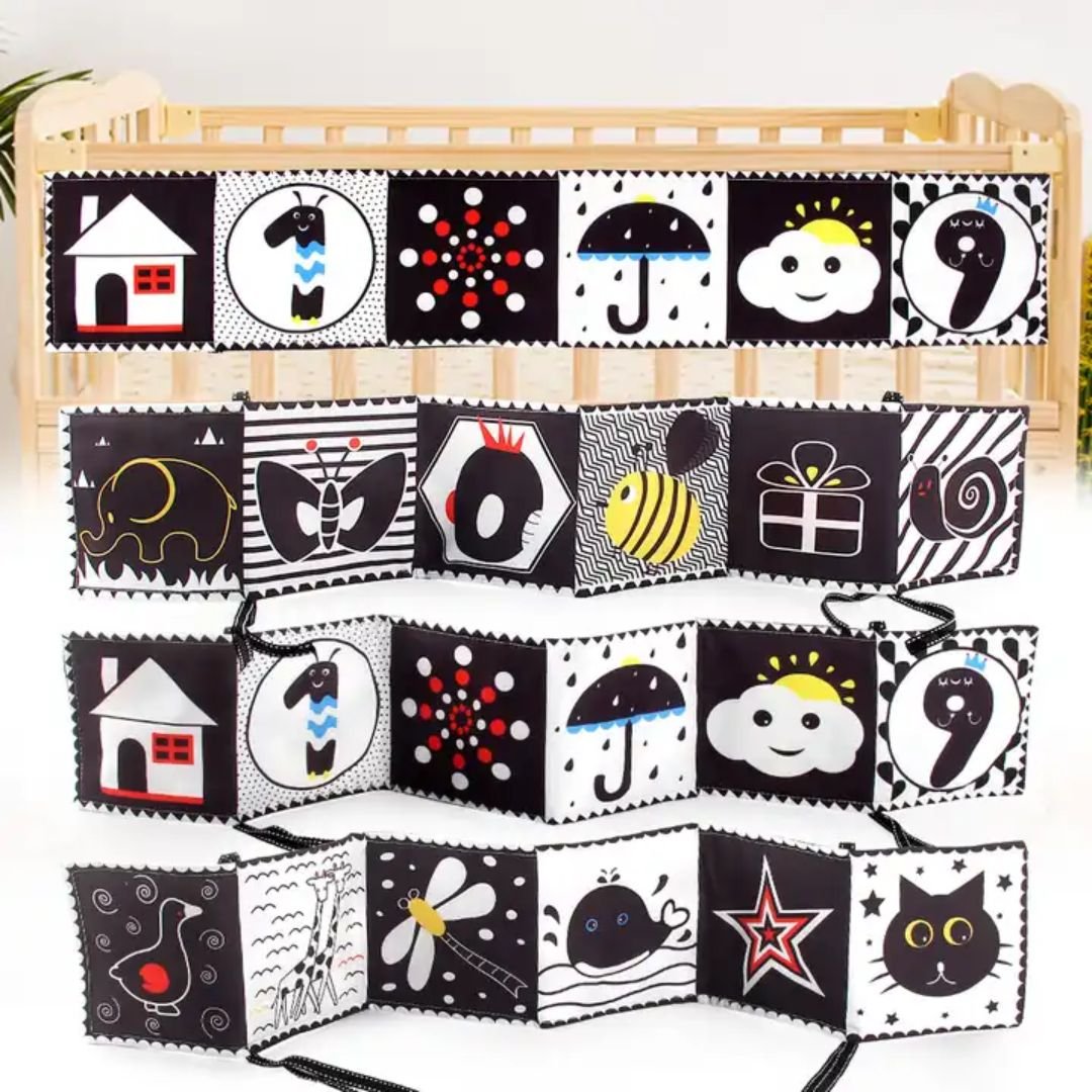 Toddlers Black and White Activity Cloth Book - Sensory Baby Soft Crib Folding Toy - Fun Learning Store