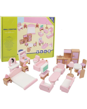 Wooden Dollhouse Furniture Set - Pink Doll House Furnishings with Smooth Edges - Delicate Dollhouse Accessories for Kids Girls Gifts - Fun Learning Store