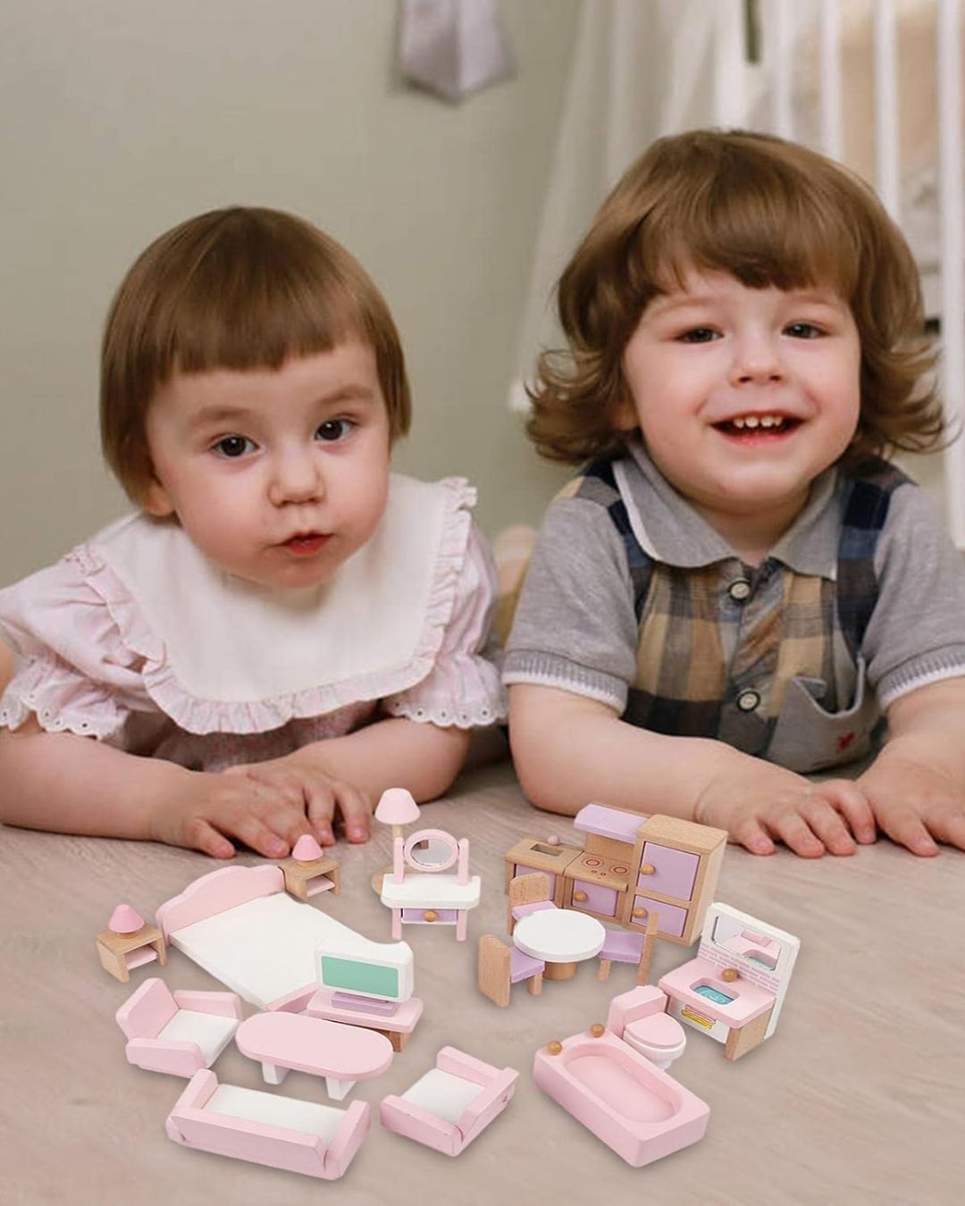 Wooden Dollhouse Furniture Set - Pink Doll House Furnishings with Smooth Edges - Delicate Dollhouse Accessories for Kids Girls Gifts - Fun Learning Store