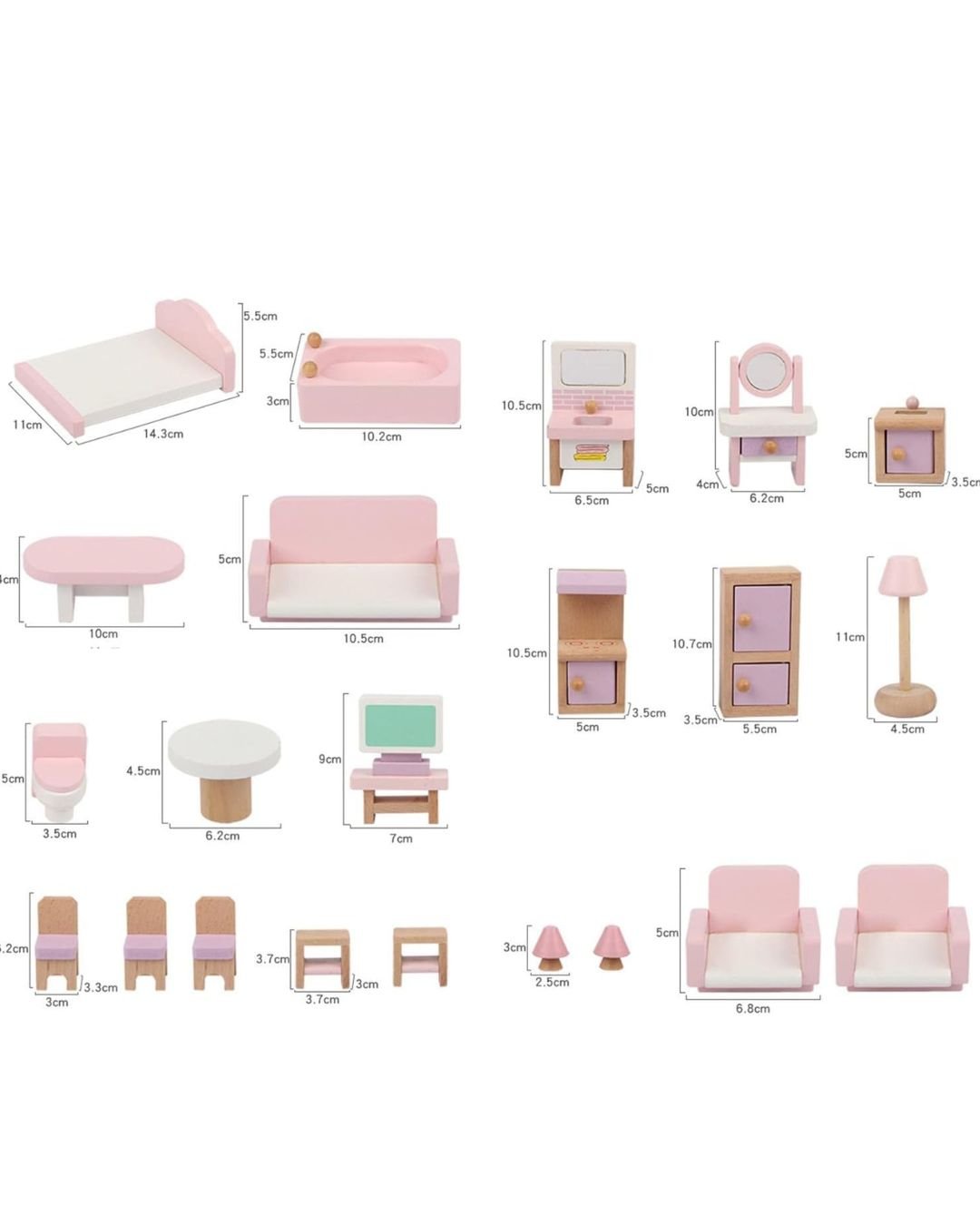 Wooden Dollhouse Furniture Set - Pink Doll House Furnishings with Smooth Edges - Delicate Dollhouse Accessories for Kids Girls Gifts - Fun Learning Store