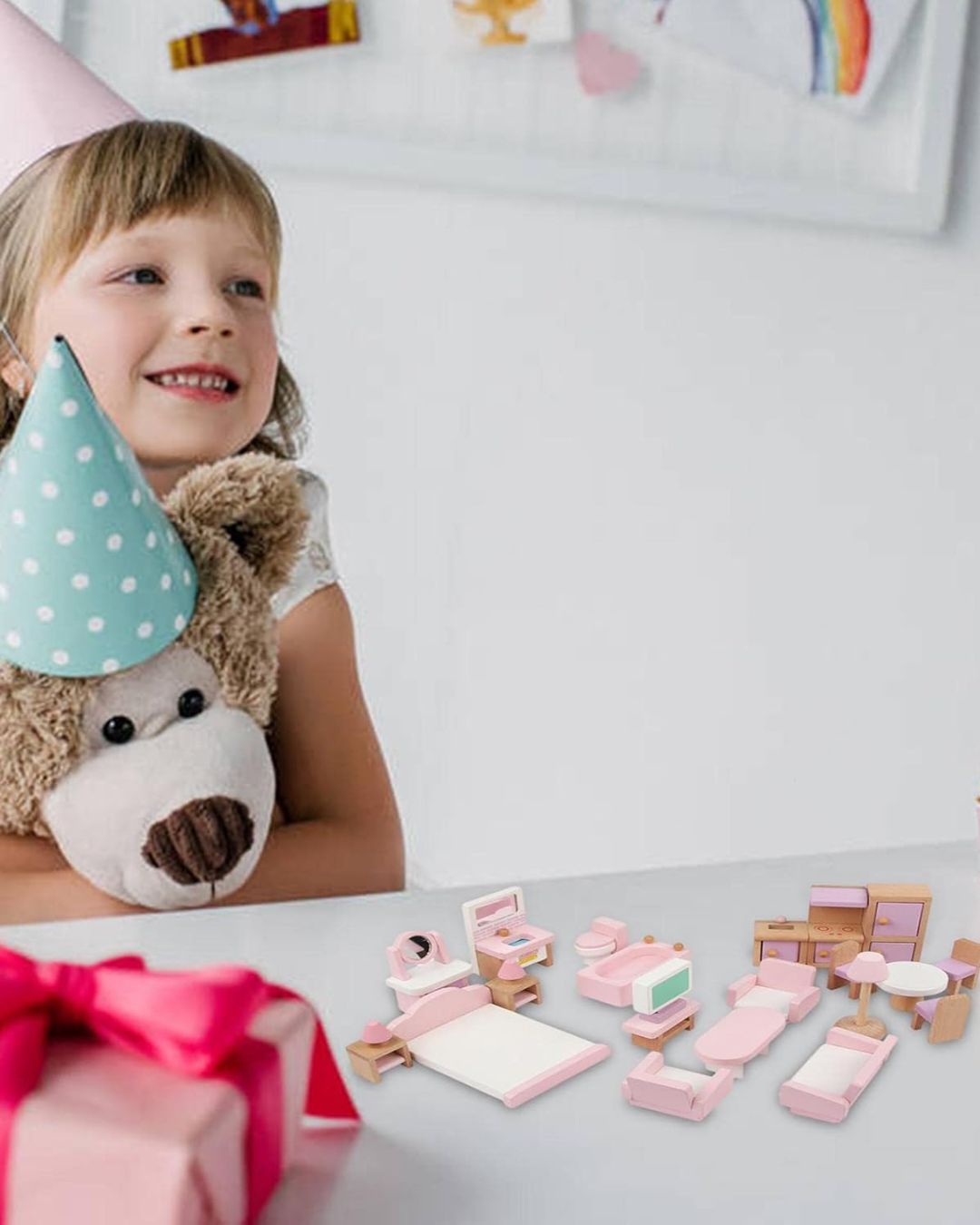 Wooden Dollhouse Furniture Set - Pink Doll House Furnishings with Smooth Edges - Delicate Dollhouse Accessories for Kids Girls Gifts - Fun Learning Store