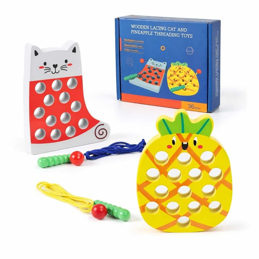 Wooden Lacing Cat & Pineapple Toy – Montessori Fine Motor Skill Threading Game for Toddlers - Fun Learning Store
