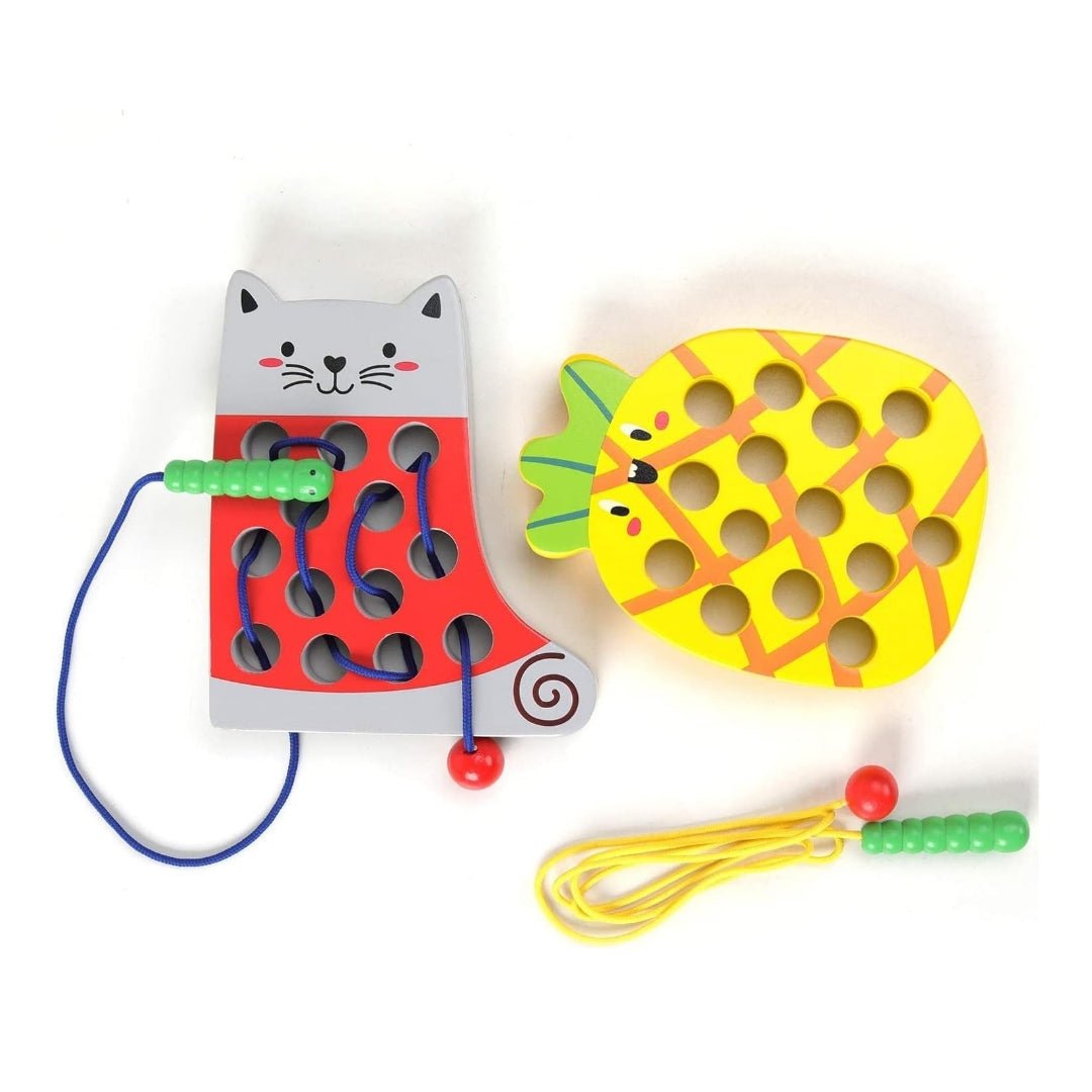 Wooden Lacing Cat & Pineapple Toy – Montessori Fine Motor Skill Threading Game for Toddlers - Fun Learning Store