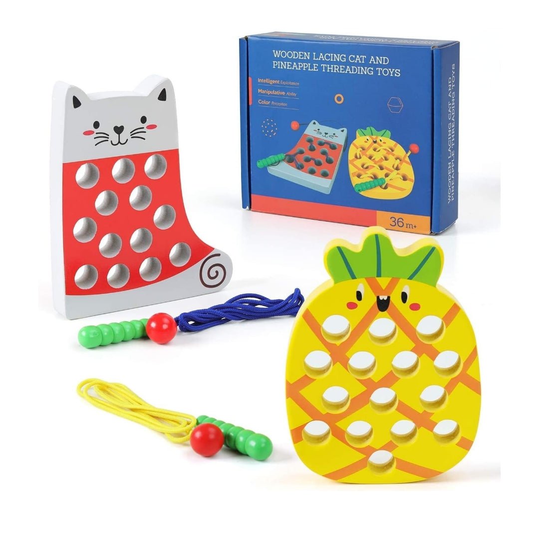 Wooden Lacing Cat & Pineapple Toy – Montessori Fine Motor Skill Threading Game for Toddlers - Fun Learning Store