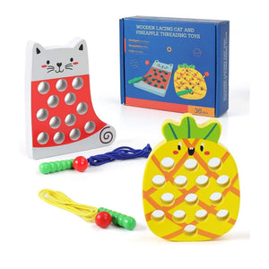 Wooden Lacing Cat & Pineapple Toy – Montessori Fine Motor Skill Threading Game for Toddlers - Fun Learning Store