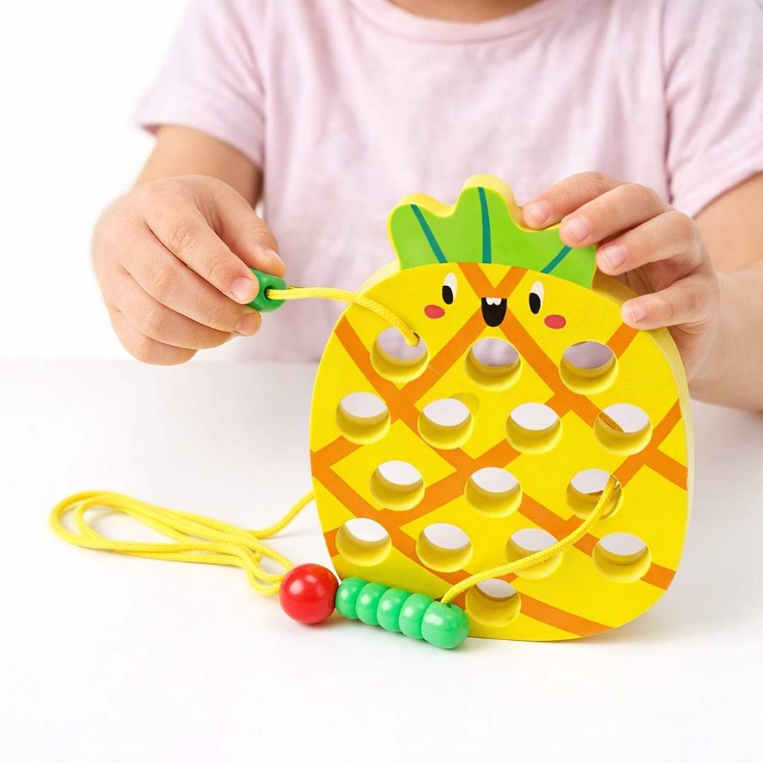 Wooden Lacing Cat & Pineapple Toy – Montessori Fine Motor Skill Threading Game for Toddlers - Fun Learning Store