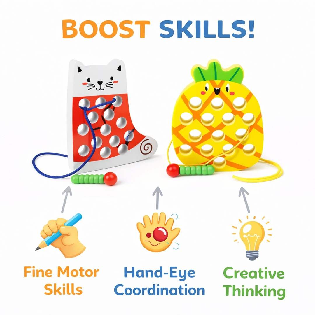 Wooden Lacing Cat & Pineapple Toy – Montessori Fine Motor Skill Threading Game for Toddlers - Fun Learning Store