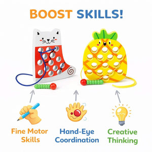 Wooden Lacing Cat & Pineapple Toy – Montessori Fine Motor Skill Threading Game for Toddlers - Fun Learning Store
