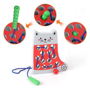 Wooden Lacing Cat & Pineapple Toy – Montessori Fine Motor Skill Threading Game for Toddlers - Fun Learning Store