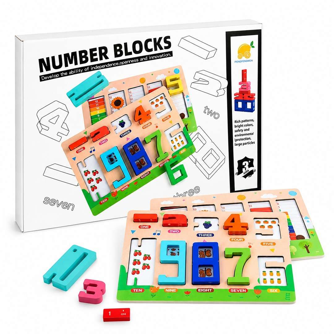 Wooden Number Blocks Board Game - Digits Cognitive and Matching Puzzle Set - Montessori Toy - Fun Learning Store