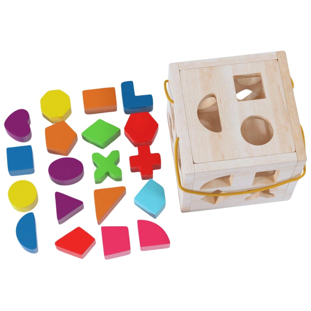Wooden Shape Sorter Cube – 19 - Piece Chunky Geometric Blocks Toy for Toddlers - Fun Learning Store