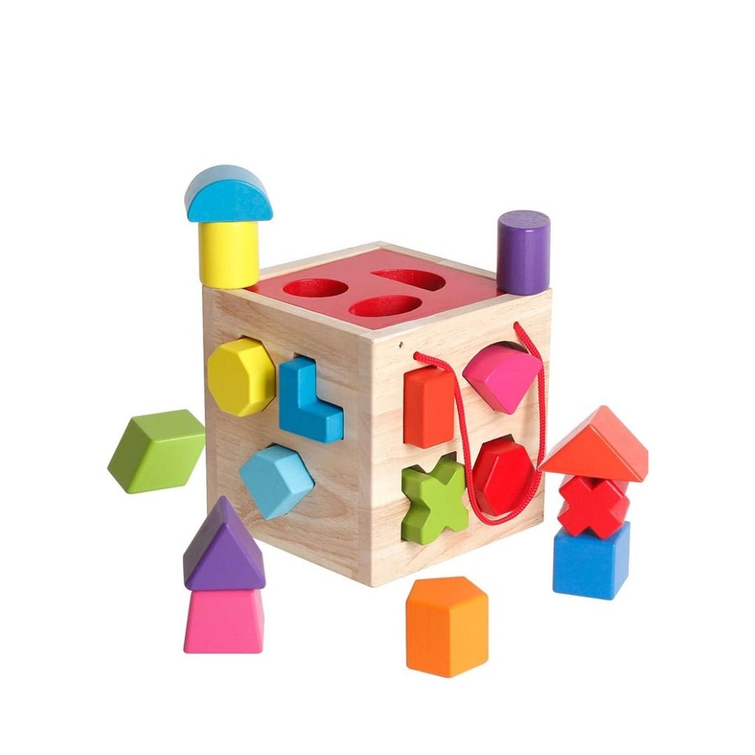 Wooden Shape Sorter Cube – 19 - Piece Chunky Geometric Blocks Toy for Toddlers - Fun Learning Store