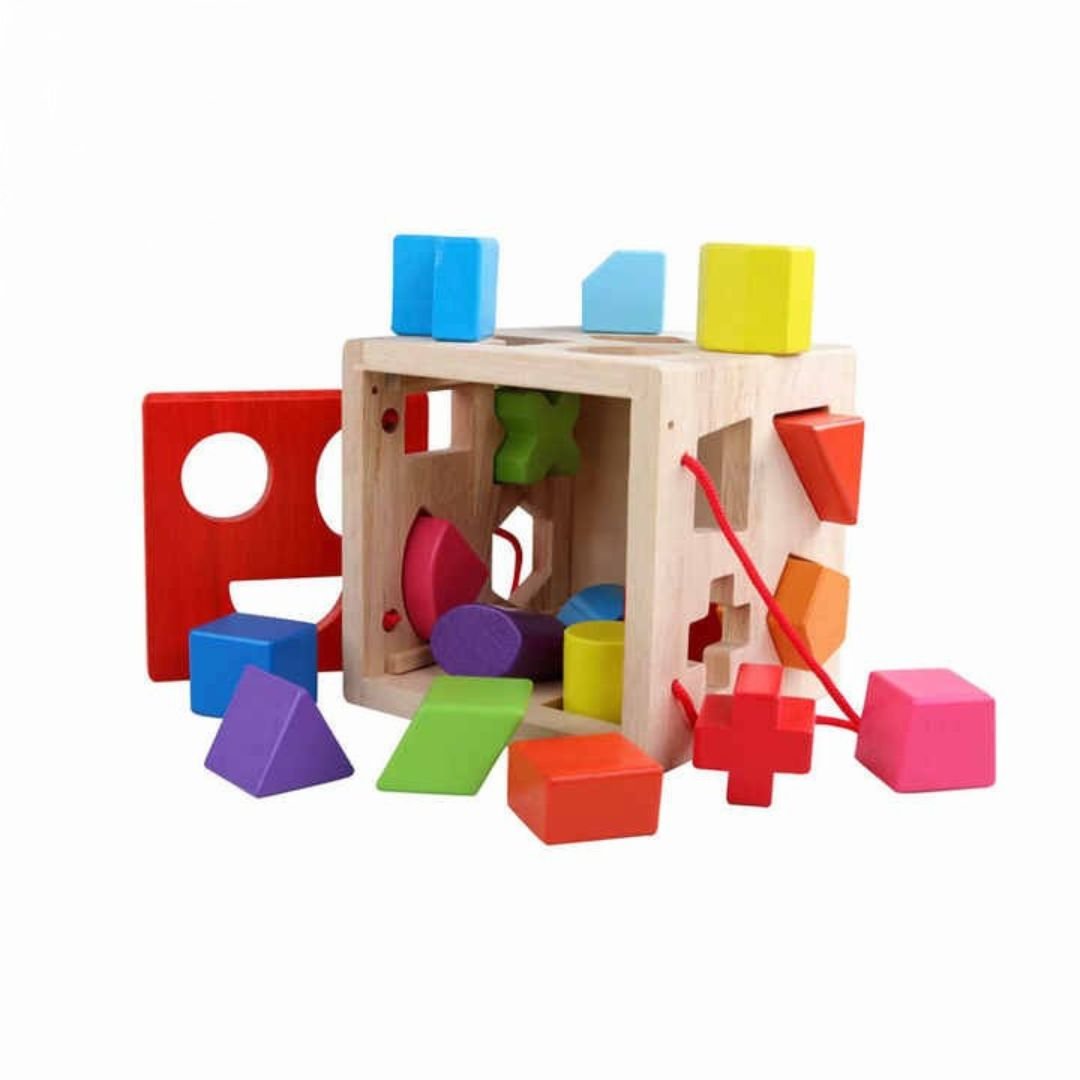 Wooden Shape Sorter Cube – 19 - Piece Chunky Geometric Blocks Toy for Toddlers - Fun Learning Store