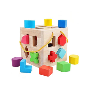 Wooden Shape Sorter Cube – 19 - Piece Chunky Geometric Blocks Toy for Toddlers - Fun Learning Store