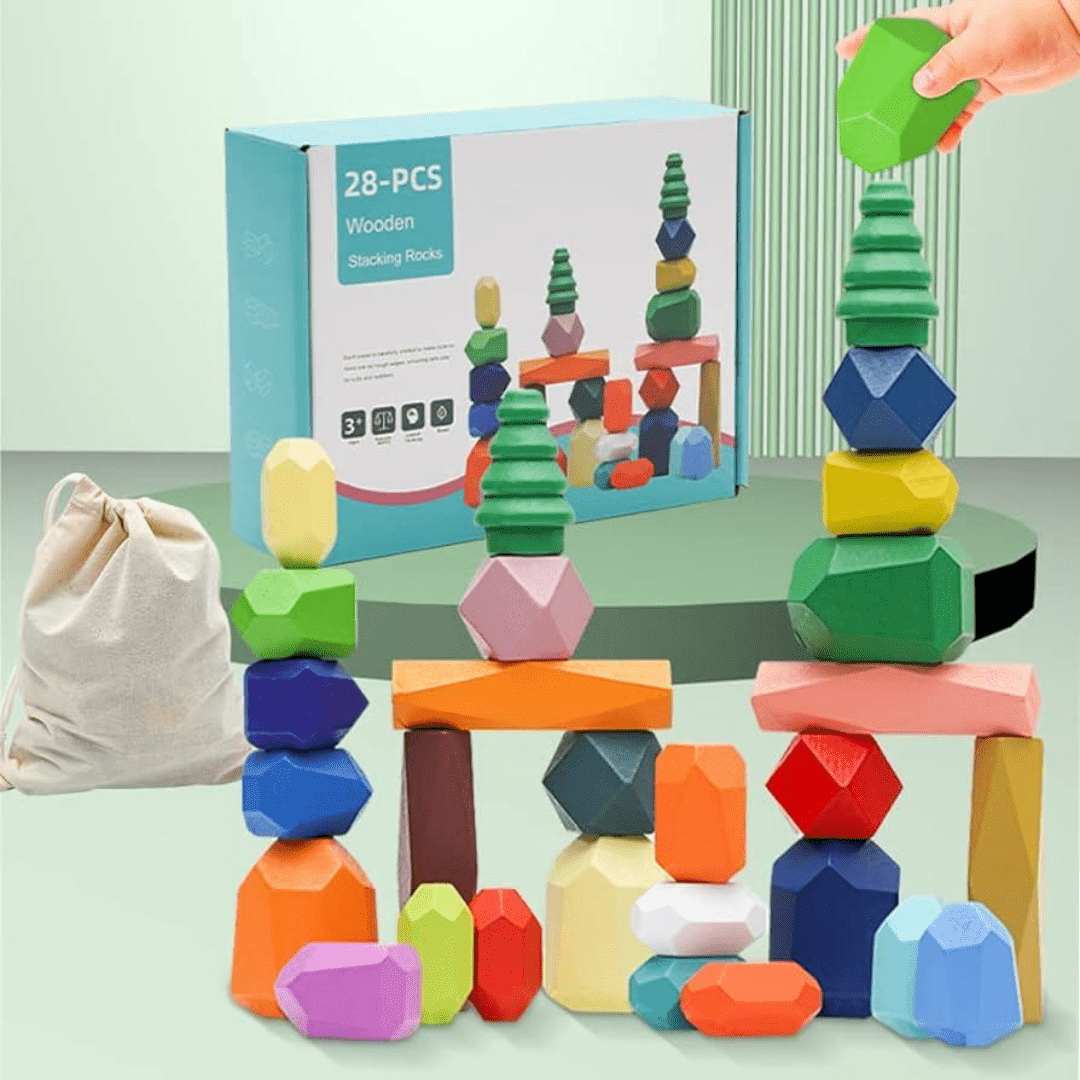 Wooden Sorting Stacking Rocks Balancing Stones,28PCS Stacking Blocks B ...