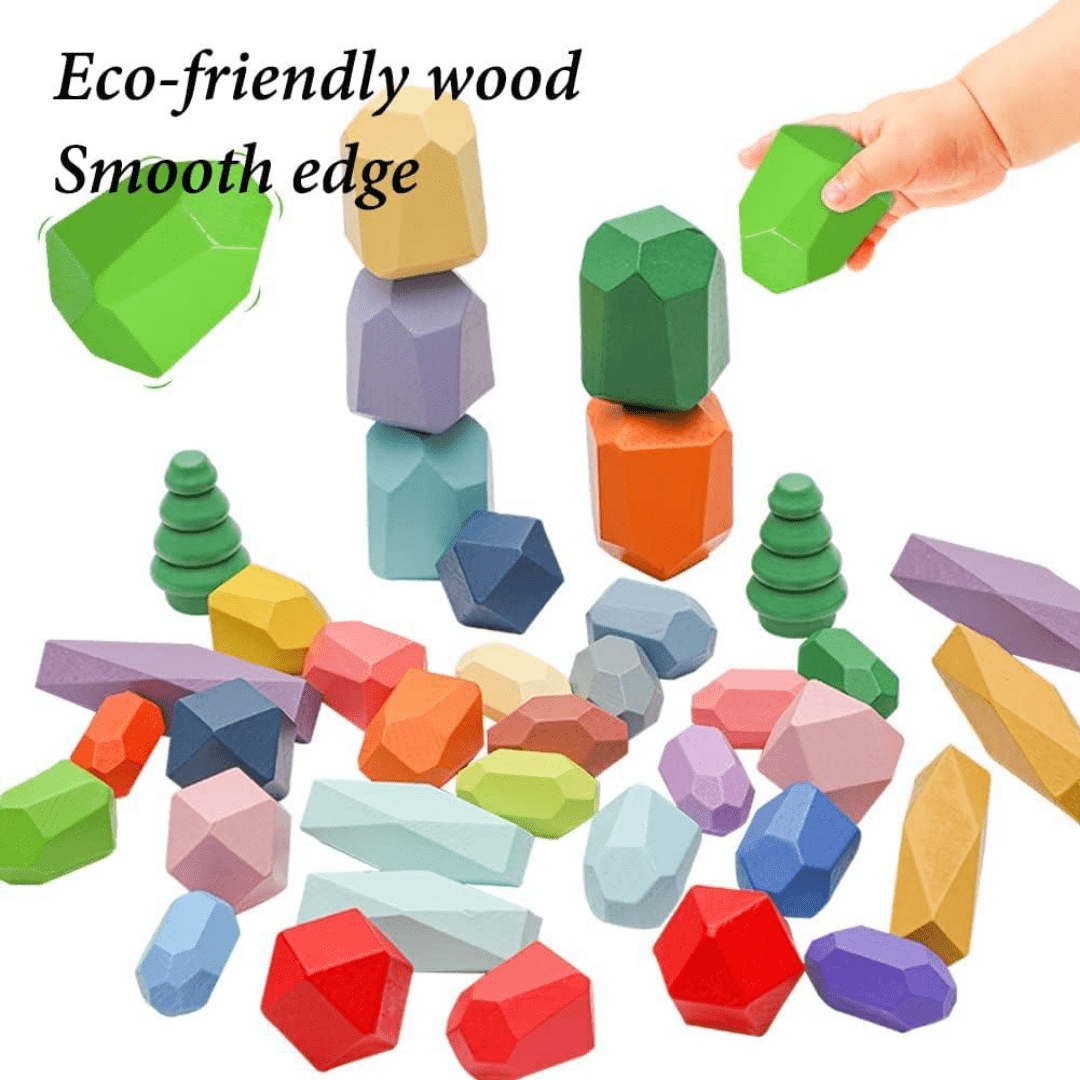 Wooden Sorting Stacking Rocks Balancing Stones,28PCS Stacking Blocks B ...
