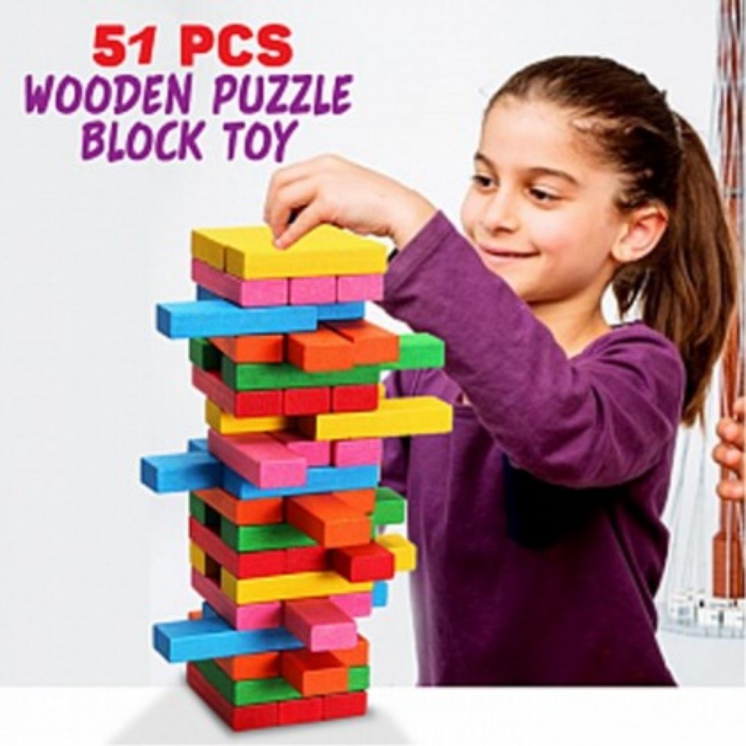 Wood Toys Fold High Colorful 51 pcs Wooden Color Building Blocks Game, Multicolor